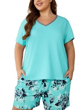 Plus Size Turquoise V-Neck Short Sleeve Pajama Set